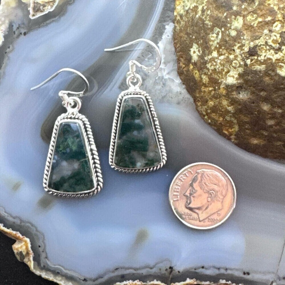 Sterling Southwestern Style Trapezoid Moss Agate Dangle Earrings For Women - Picture 8 of 10